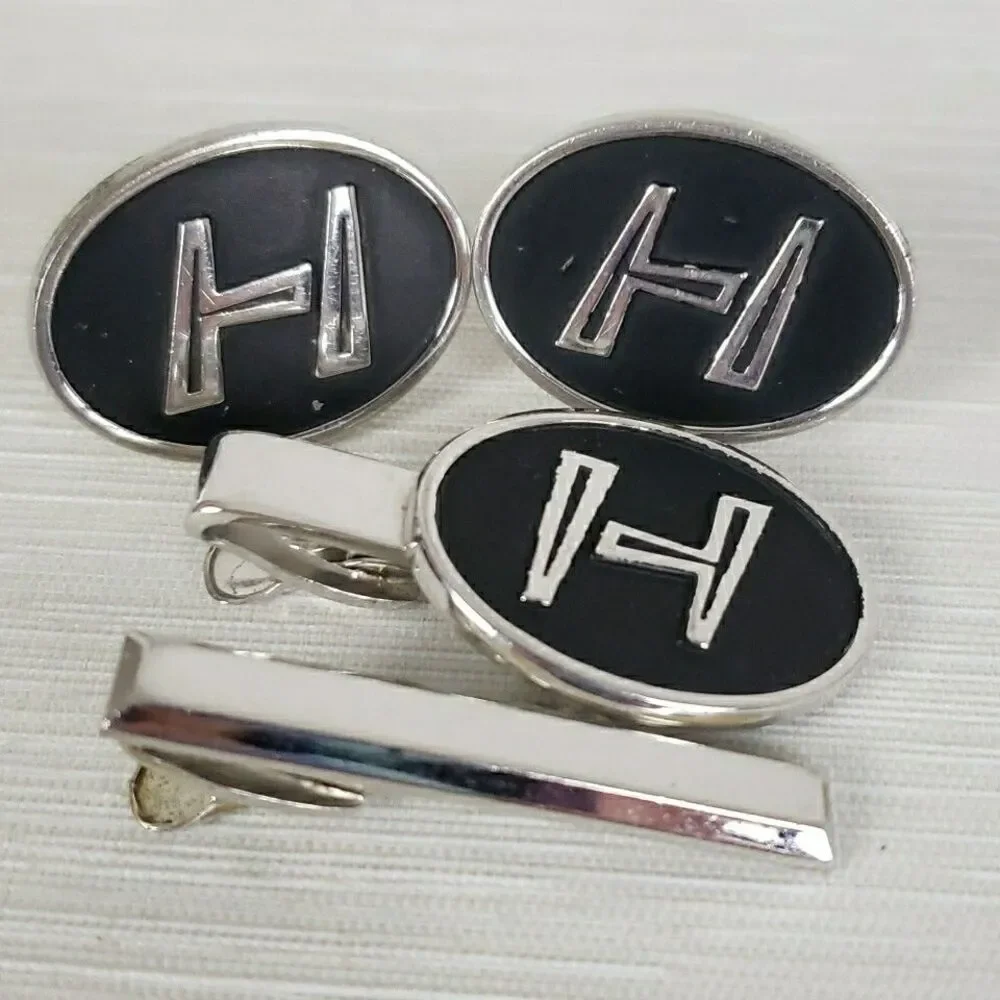 Vintage Hickok Cufflinks Tie Clips Monogram H Silver Tone Mens Formal MCM Marked